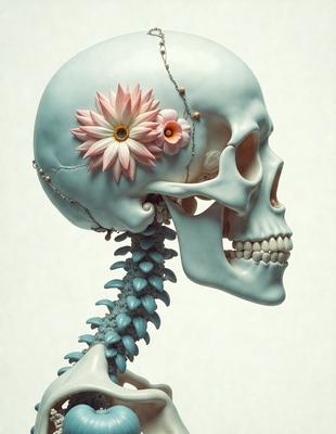 The primary subject of the image is a skeleton with a blue head and a pink flower on its head. The skeleton is wearing a necklace and has a blue spine. The setting is a white background, and the visual style is a digital art or illustration. The dominant colors are blue and pink, creating a calm and serene atmosphere.
